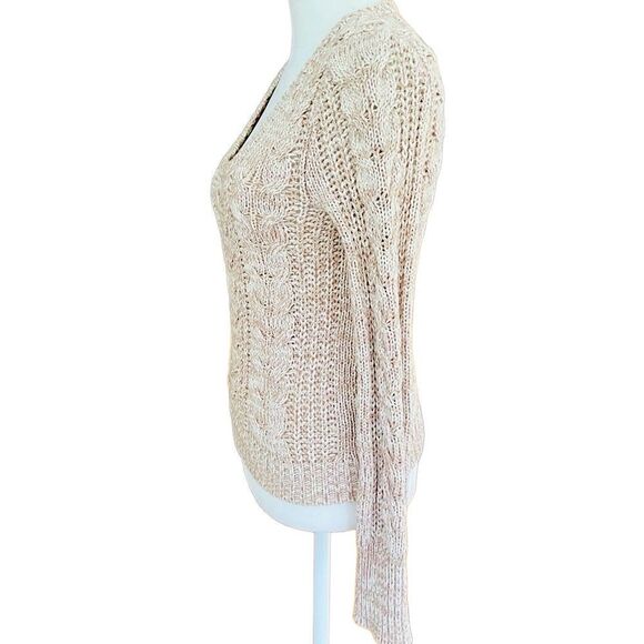 FREE PEOPLE tan/white cable knit cotton blend sweater size XS. - Picture 4 of 6